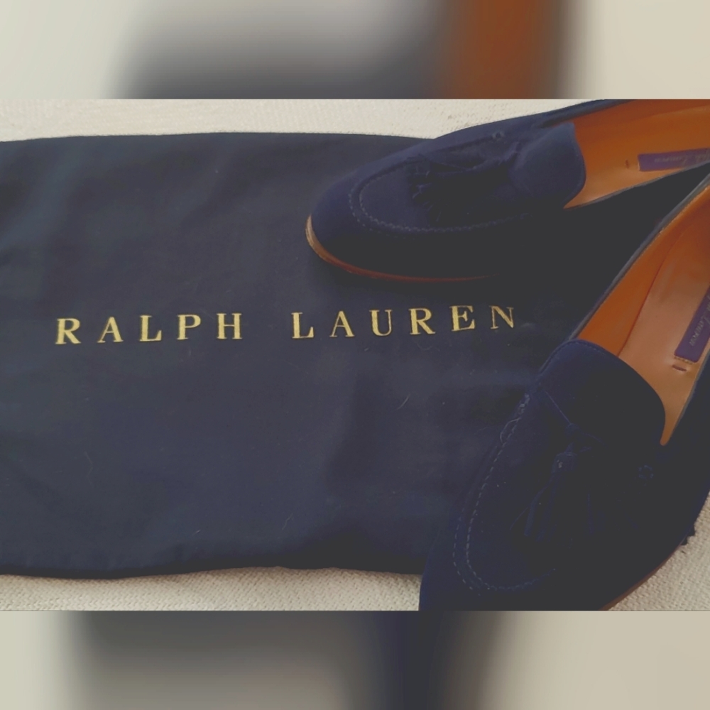Blue suede loafers with tassels